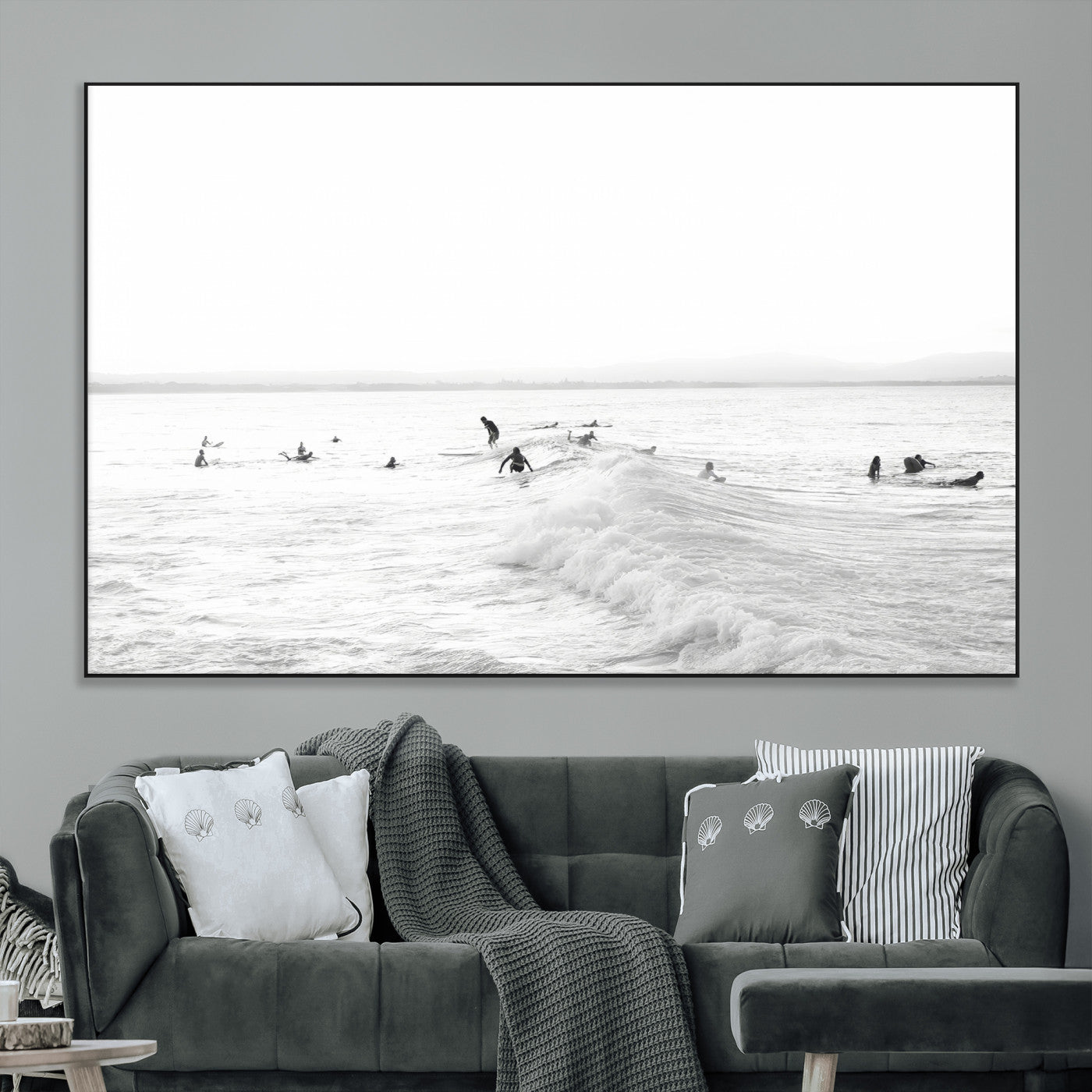 33449548-MGV-CV-36X24-Group Surfers Wall Art Canvas Print, Framed Ocean Wave Art Picture Print, Surf Crowd Perfect Monochrome Surf Decor Artwork