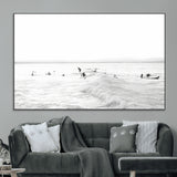33449548-MGV-CV-36X24-Group Surfers Wall Art Canvas Print, Framed Ocean Wave Art Picture Print, Surf Crowd Perfect Monochrome Surf Decor Artwork