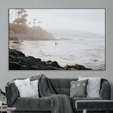 62501405-MGV-CV-36X24-Misty Beach Wall Art Canvas Print, Framed California Surfer Art Picture Print, Coastal Cliff Perfect Coastal Beach Decor Artwork
