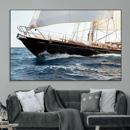 97168626-MGV-CV-36X24-Sailing Yacht Wall Art Canvas Print, Framed Wooden Yacht Art Picture Print, Ocean Waves Perfect Nautical Coastal Decor Artwork