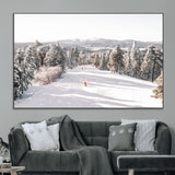 62119206-MGV-CV-36X24-Snowy Trail Wall Art Canvas Print, Framed Ski Slope Art Picture Print, Winter Pines Perfect Alpine Adventure Decor Artwork