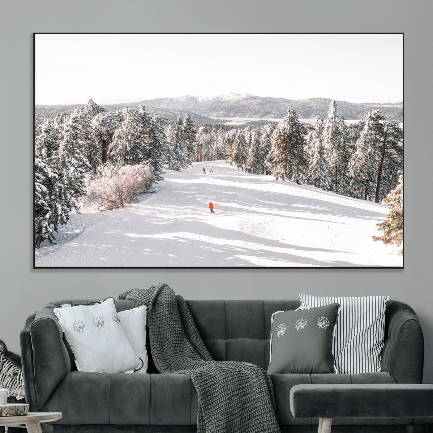 62119206-MGV-CV-36X24-Snowy Trail Wall Art Canvas Print, Framed Ski Slope Art Picture Print, Winter Pines Perfect Alpine Adventure Decor Artwork