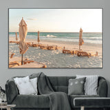 58507949-MGV-CV-36X24-Beach Umbrellas Wall Art Canvas Print, Framed Empty Loungers Art Picture Print, Soft Sand Perfect Minimalist Seaside Decor Artwork