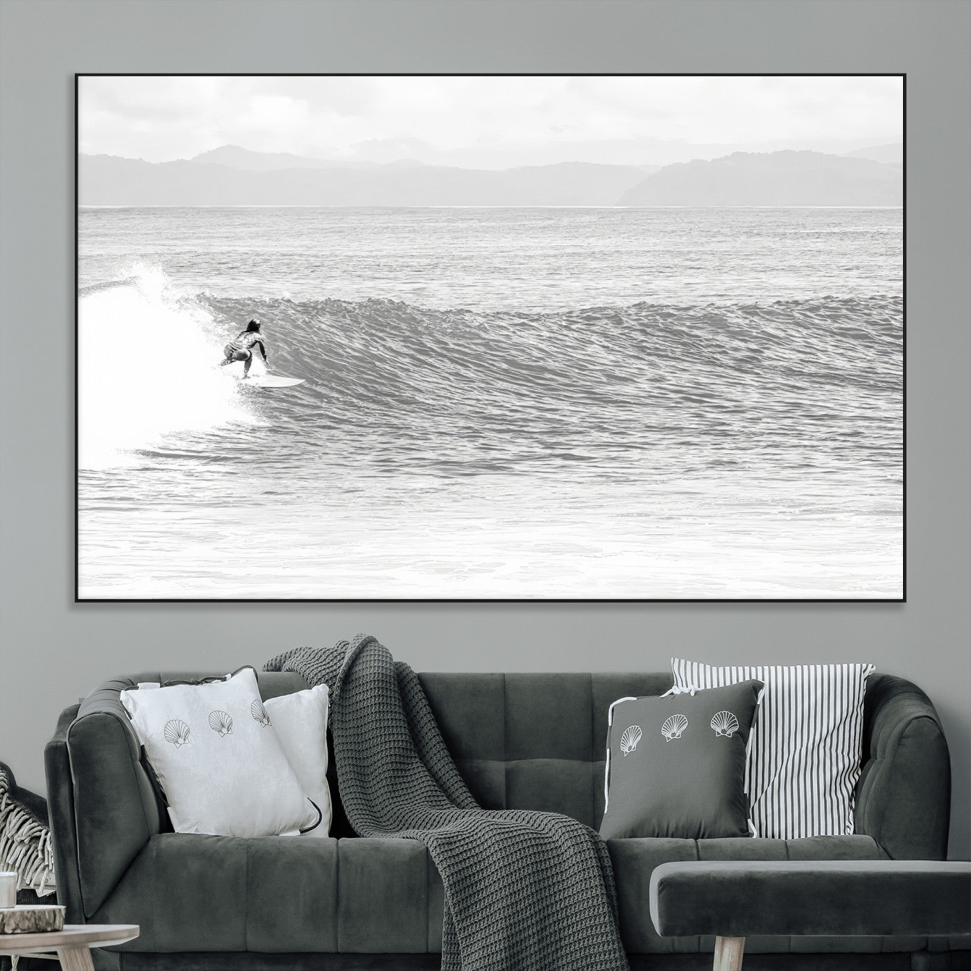 81535128-MGV-CV-36X24-Surfer Woman Wall Art Canvas Print, Framed Black Ocean Art Picture Print, Ocean Surfing Perfect Monochrome Coastal Decor Artwork