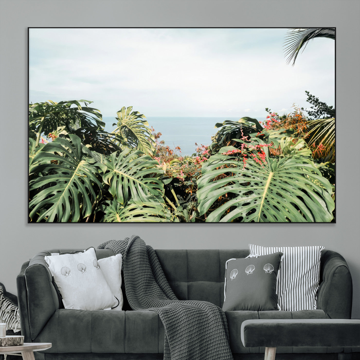 45700479-MGV-CV-36X24-Monstera Leaves Wall Art Canvas Print, Framed Tropical Ocean Art Picture Print, Tropical Foliage Perfect Tropical Coastal Jungle