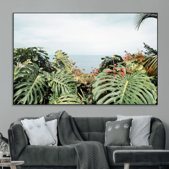 45700479-MGV-CV-36X24-Monstera Leaves Wall Art Canvas Print, Framed Tropical Ocean Art Picture Print, Tropical Foliage Perfect Tropical Coastal Jungle