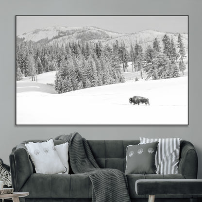 68081143-MGV-CV-36X24-Snowy Bison Wall Art Canvas Print, Framed Winter Forest Art Picture Print, Lone Bison Perfect Monochrome Winter Wild Decor Artwork
