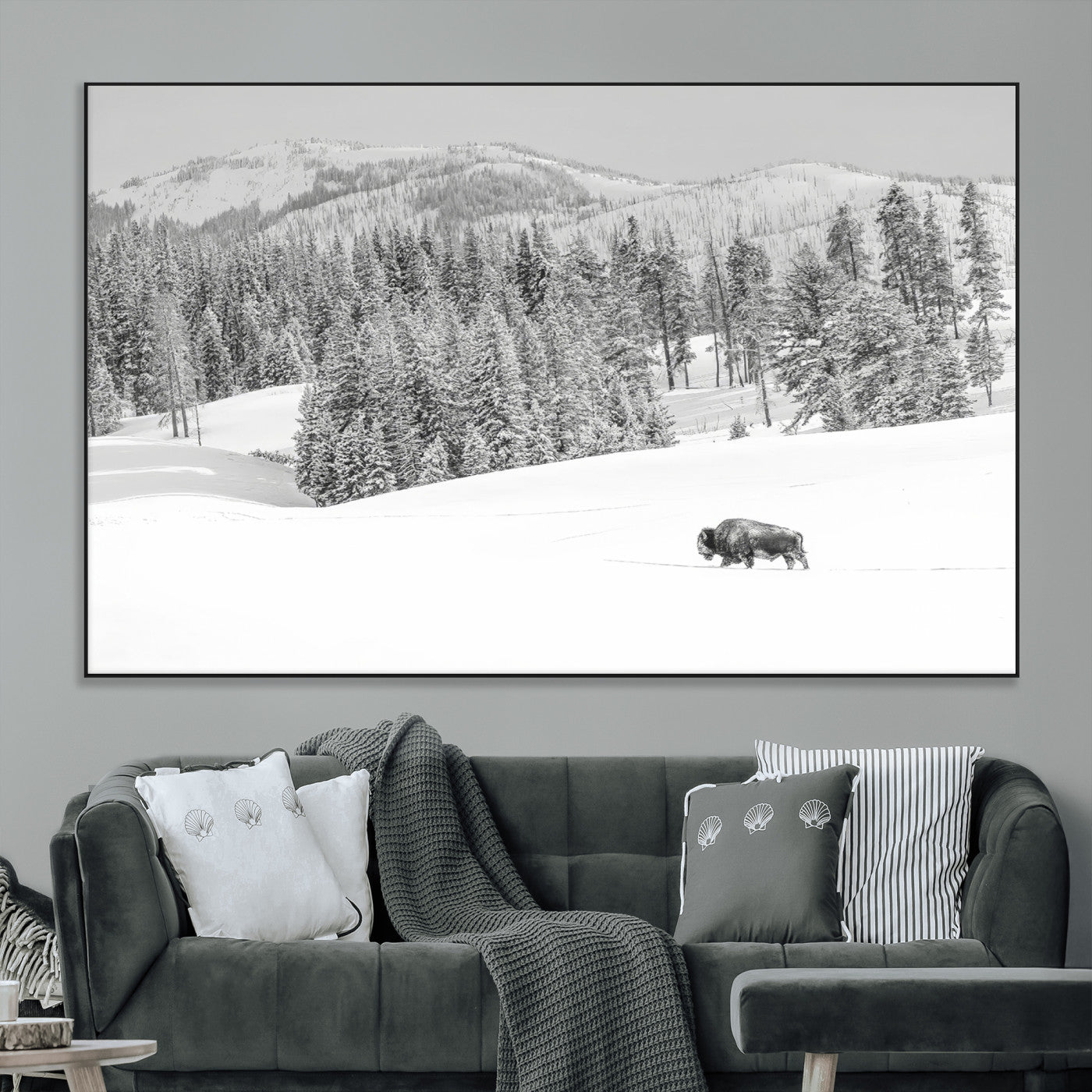 68081143-MGV-CV-36X24-Snowy Bison Wall Art Canvas Print, Framed Winter Forest Art Picture Print, Lone Bison Perfect Monochrome Winter Wild Decor Artwork