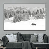 68081143-MGV-CV-36X24-Snowy Bison Wall Art Canvas Print, Framed Winter Forest Art Picture Print, Lone Bison Perfect Monochrome Winter Wild Decor Artwork