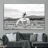 62789800-MGV-CV-36X24-White Horse Wall Art Canvas Print, Framed Woman Rider Art Picture Print, Equestrian Pose Perfect Western Boho Decor Artwork