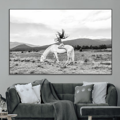 62789800-MGV-CV-36X24-White Horse Wall Art Canvas Print, Framed Woman Rider Art Picture Print, Equestrian Pose Perfect Western Boho Decor Artwork