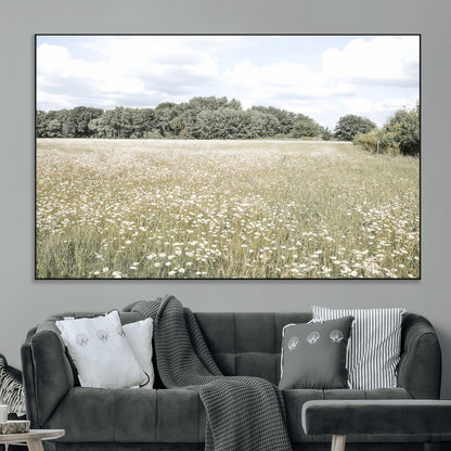 43258946-MGV-CV-36X24-Daisy Field Wall Art Canvas Print, Framed Pastel Flower Art Picture Print, Meadow Bloom Perfect Scandinavian Minimalist Decor