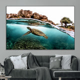44200301-MGV-CV-36X24-Sea Turtle Swim Wall Art Canvas Print, Framed Ocean Life Art Picture Print, Tropical Shoreline Perfect Tropical Coastal Decor