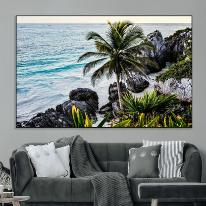 94669907-MGV-CV-36X24-Tropical Coastline Wall Art Canvas Print, Framed Palm Tree Art Picture Print, Rocky Beach Perfect Tropical Coastal Decor Artwork