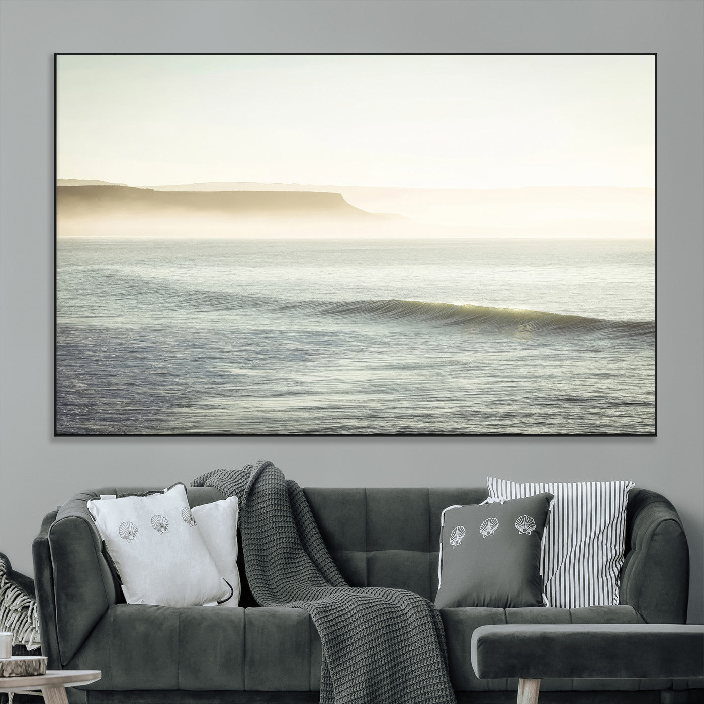 39310633-MGV-CV-36X24-Coastal Cliffs Wall Art Canvas Print, Framed Misty Ocean Art Picture Print, Morning Light Perfect Minimalistic Coastal Decor