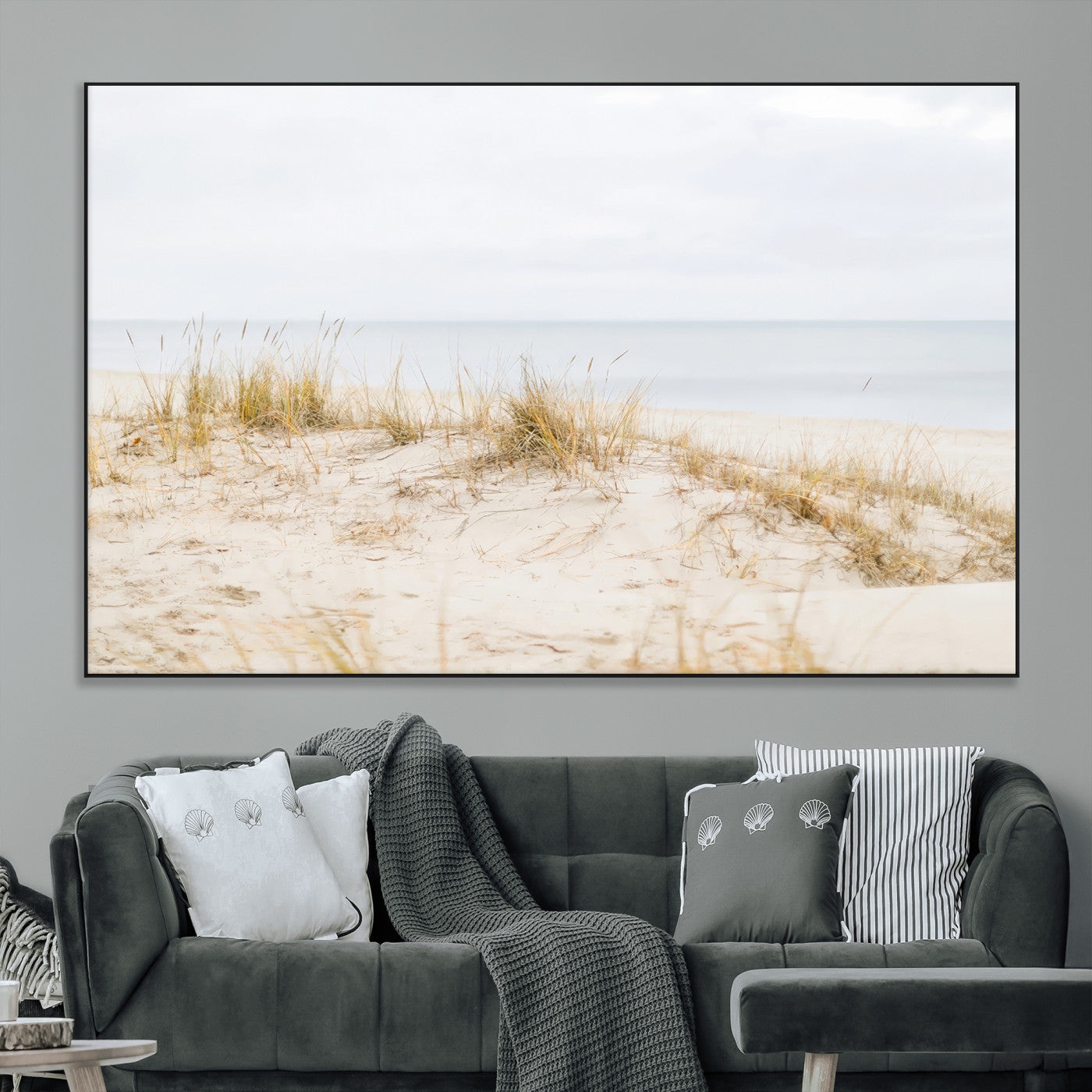 13146857-MGV-CV-36X24-Beach Dunes Wall Art Canvas Print, Framed Soft Horizon Art Picture Print, Coastal Grass Perfect Minimalist Coastal Decor Artwork