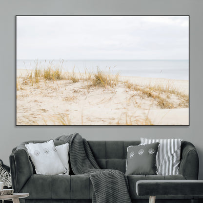 13146857-MGV-CV-36X24-Beach Dunes Wall Art Canvas Print, Framed Soft Horizon Art Picture Print, Coastal Grass Perfect Minimalist Coastal Decor Artwork