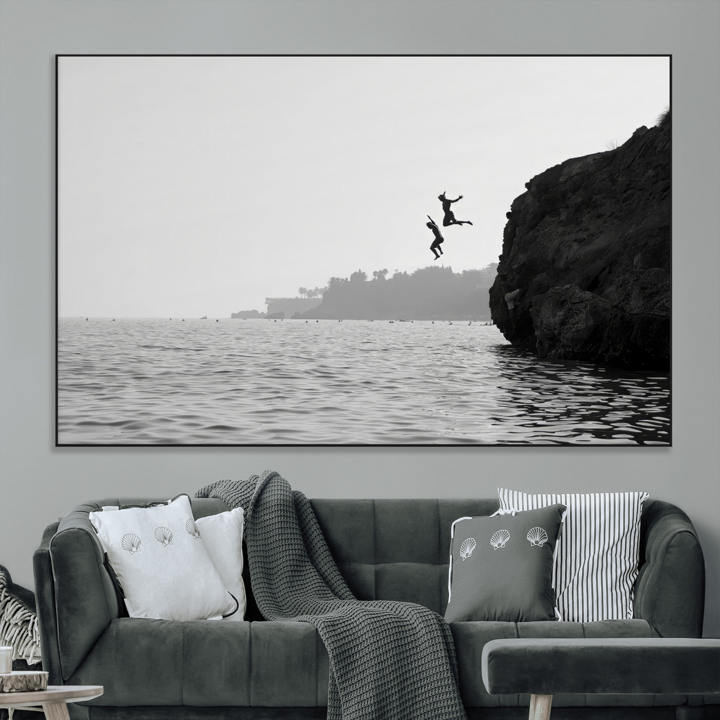 52284302-MGV-CV-36X24-Cliff Jumping Wall Art Canvas Print, Framed Ocean Adventure Art Picture Print, Black White Coast Perfect Modern Coastal Decor
