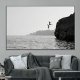 52284302-MGV-CV-36X24-Cliff Jumping Wall Art Canvas Print, Framed Ocean Adventure Art Picture Print, Black White Coast Perfect Modern Coastal Decor