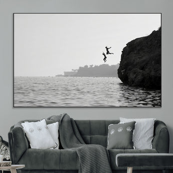 52284302-MGV-CV-36X24-Cliff Jumping Wall Art Canvas Print, Framed Ocean Adventure Art Picture Print, Black White Coast Perfect Modern Coastal Decor