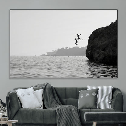 52284302-MGV-CV-36X24-Cliff Jumping Wall Art Canvas Print, Framed Ocean Adventure Art Picture Print, Black White Coast Perfect Modern Coastal Decor