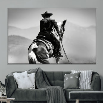 83102464-MGV-CV-36X24-Western Cowboy Wall Art Canvas Print, Framed Monochrome Horse Art Picture Print, Western Equestrian Perfect Rustic Western Decor