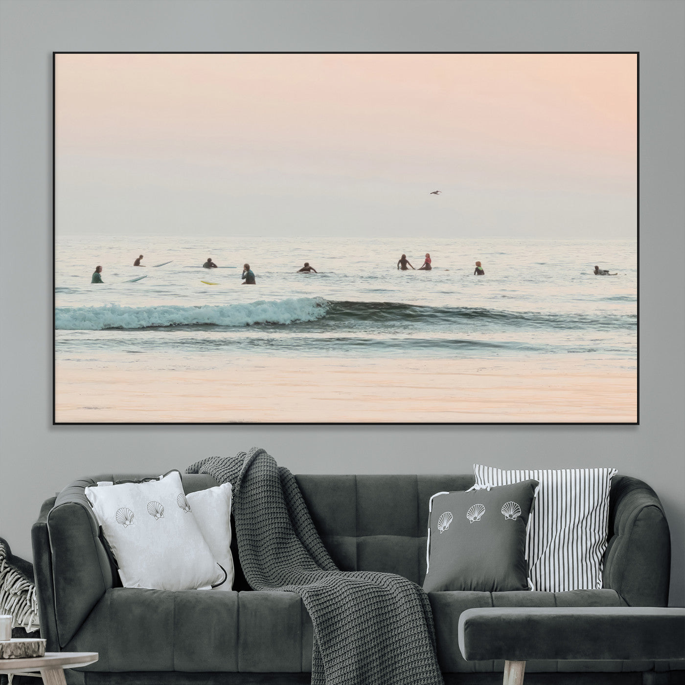 98888919-MGV-CV-36X24-Pastel Ocean Wall Art Canvas Print, Framed Soft Sunset Swimming Art Picture Print, Calm Sea Horizon Perfect Soft Coastal