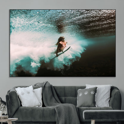 85923512-MGV-CV-36X24-Aquatic Motion Wall Art Canvas Print, Framed Underwater Swimming Art Picture Print, Female Surfer Diving Perfect Coastal Boho