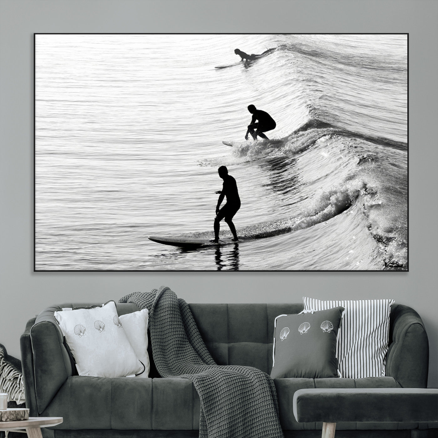 19875284-MGV-CV-36X24-Surfer Waves Wall Art Canvas Print, Framed Black White Surf Art Picture Print, Monochrome Ocean Perfect Modern Coastal Decor