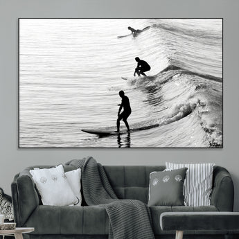 19875284-MGV-CV-36X24-Surfer Waves Wall Art Canvas Print, Framed Black White Surf Art Picture Print, Monochrome Ocean Perfect Modern Coastal Decor
