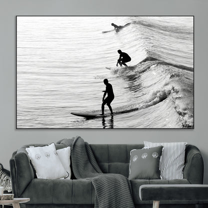 19875284-MGV-CV-36X24-Surfer Waves Wall Art Canvas Print, Framed Black White Surf Art Picture Print, Monochrome Ocean Perfect Modern Coastal Decor