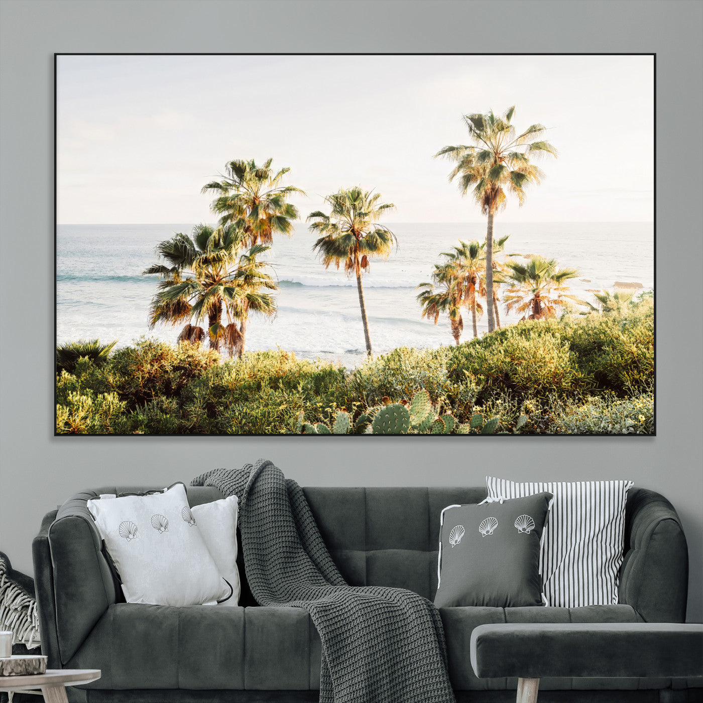 94707294-MGV-CV-36X24-California Coast Wall Art Canvas Print, Framed Palm Trees Art Picture Print, Coastal Landscape Perfect Coastal Minimalist Decor