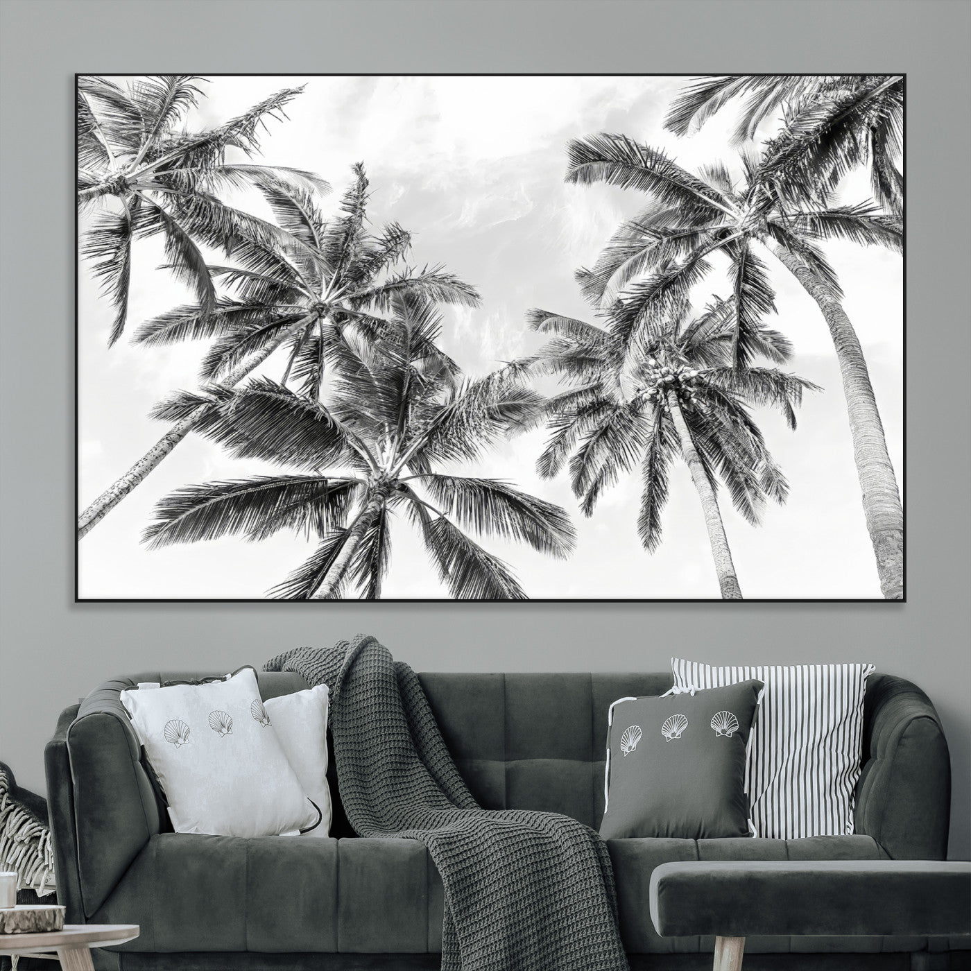 62113786-MGV-CV-36X24-Black White Palm Wall Art Canvas Print, Framed Monochrome Tropics Art Picture Print, Minimalist Beach Perfect Coastal Minimalist