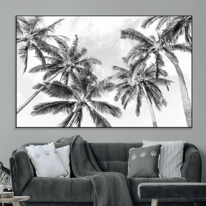 62113786-MGV-CV-36X24-Black White Palm Wall Art Canvas Print, Framed Monochrome Tropics Art Picture Print, Minimalist Beach Perfect Coastal Minimalist