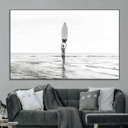 98446901-MGV-CV-36X24-Monochrome Surf Wall Art Canvas Print, Framed Minimalist Surfer Art Picture Print, Surfboard Silhouette Perfect Coastal Minimalist