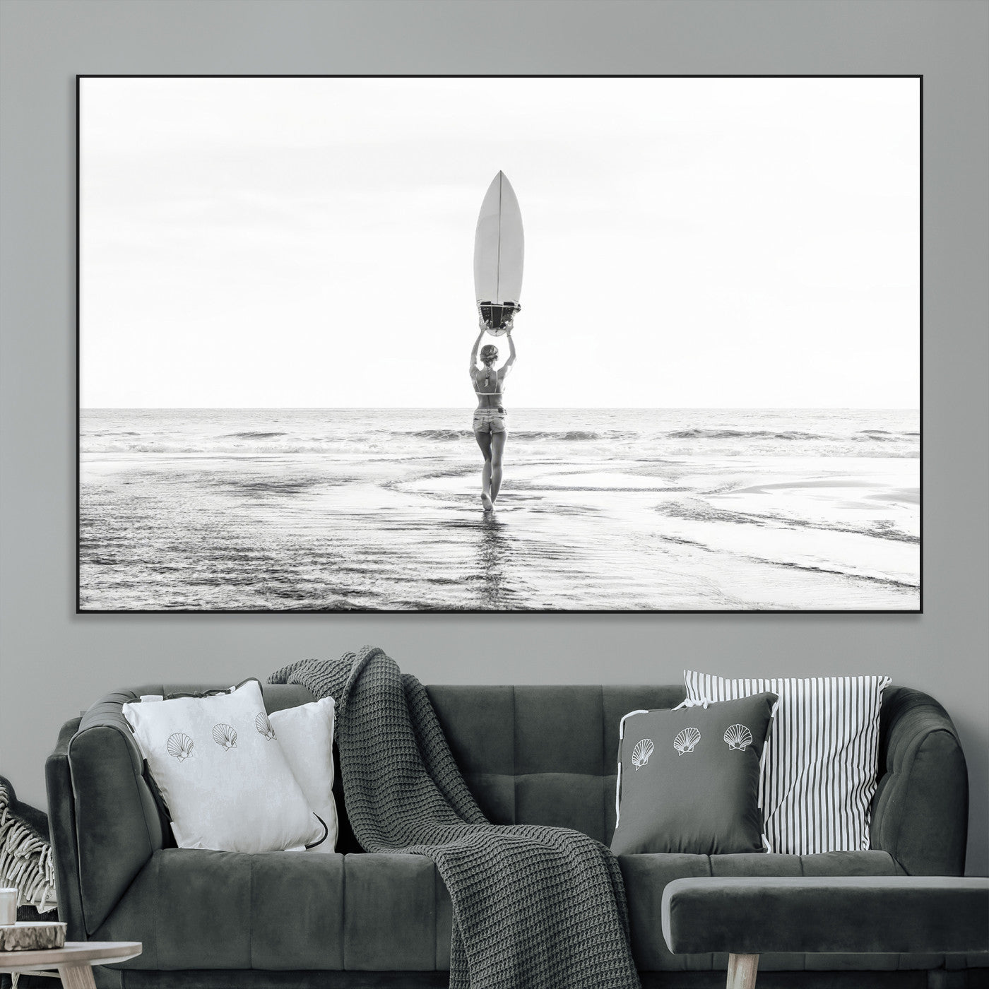 98446901-MGV-CV-36X24-Monochrome Surf Wall Art Canvas Print, Framed Minimalist Surfer Art Picture Print, Surfboard Silhouette Perfect Coastal Minimalist