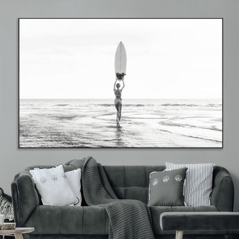 98446901-MGV-CV-36X24-Monochrome Surf Wall Art Canvas Print, Framed Minimalist Surfer Art Picture Print, Surfboard Silhouette Perfect Coastal Minimalist