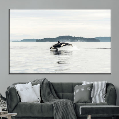 10157174-MGV-CV-36X24-Orca Whale Wall Art Canvas Print, Framed Black White Whale Art Picture Print, Minimalist Ocean Perfect Coastal Minimalist Decor