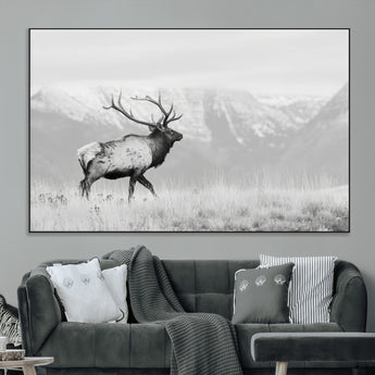 62278753-MGV-CV-36X24-Monochrome Elk Wall Art Canvas Print, Framed Mountain Wildlife Art Picture Print, Rustic Nature Perfect Rustic Minimalist Decor