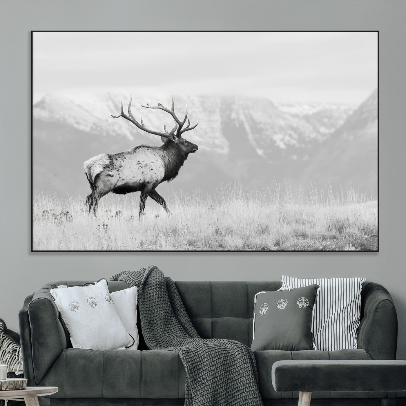 62278753-MGV-CV-36X24-Monochrome Elk Wall Art Canvas Print, Framed Mountain Wildlife Art Picture Print, Rustic Nature Perfect Rustic Minimalist Decor