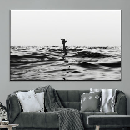 69541918-MGV-CV-36X24-Black White Ocean Wall Art Canvas Print, Framed Moody Seascape Art Picture Print, Surfer Sign Perfect Moody Minimalist Decor