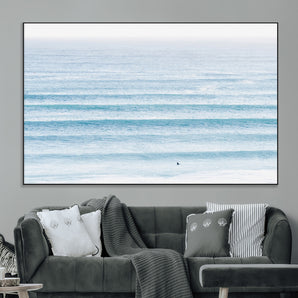 77145995-MGV-CV-36X24-Ocean Simplicity Wall Art Canvas Print, Framed Surfer on Water Art Picture Print, Light Blue Perfect Coastal Minimalist Decor