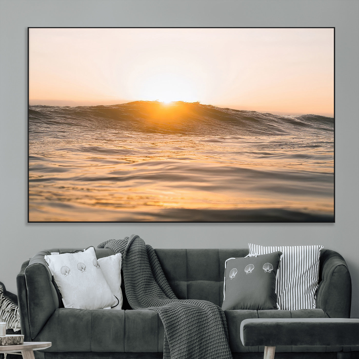 16973771-MGV-CV-36X24-Calm Water Wall Art Canvas Print, Framed Sunset Waves Art Picture Print, Coastal Warmth Perfect Warm Minimalist Decor Artwork