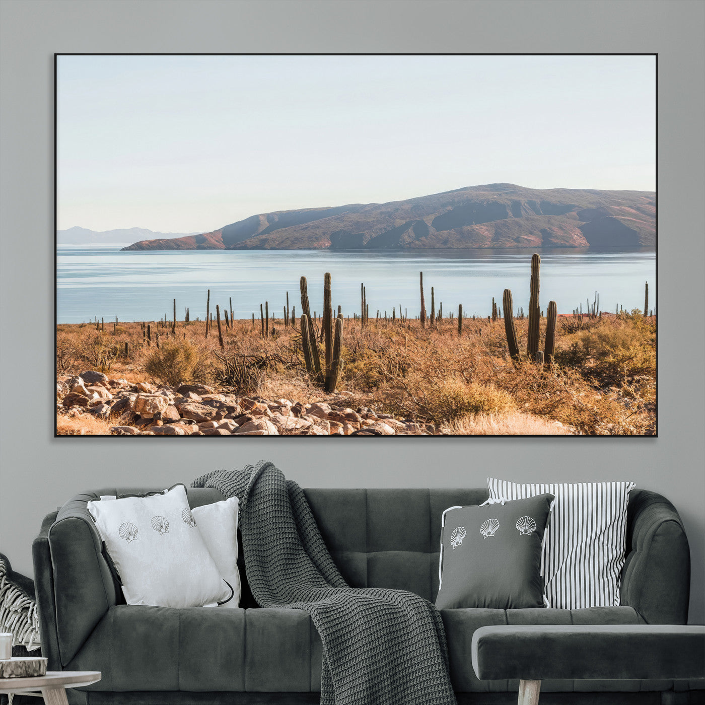 45193515-MGV-CV-36X24-Desert Cactus Wall Art Canvas Print, Framed Baja Coastline Art Picture Print, Coastal Desert Perfect Southwestern Minimalist Decor