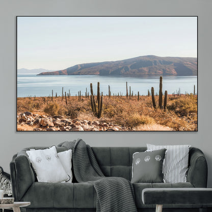 45193515-MGV-CV-36X24-Desert Cactus Wall Art Canvas Print, Framed Baja Coastline Art Picture Print, Coastal Desert Perfect Southwestern Minimalist Decor
