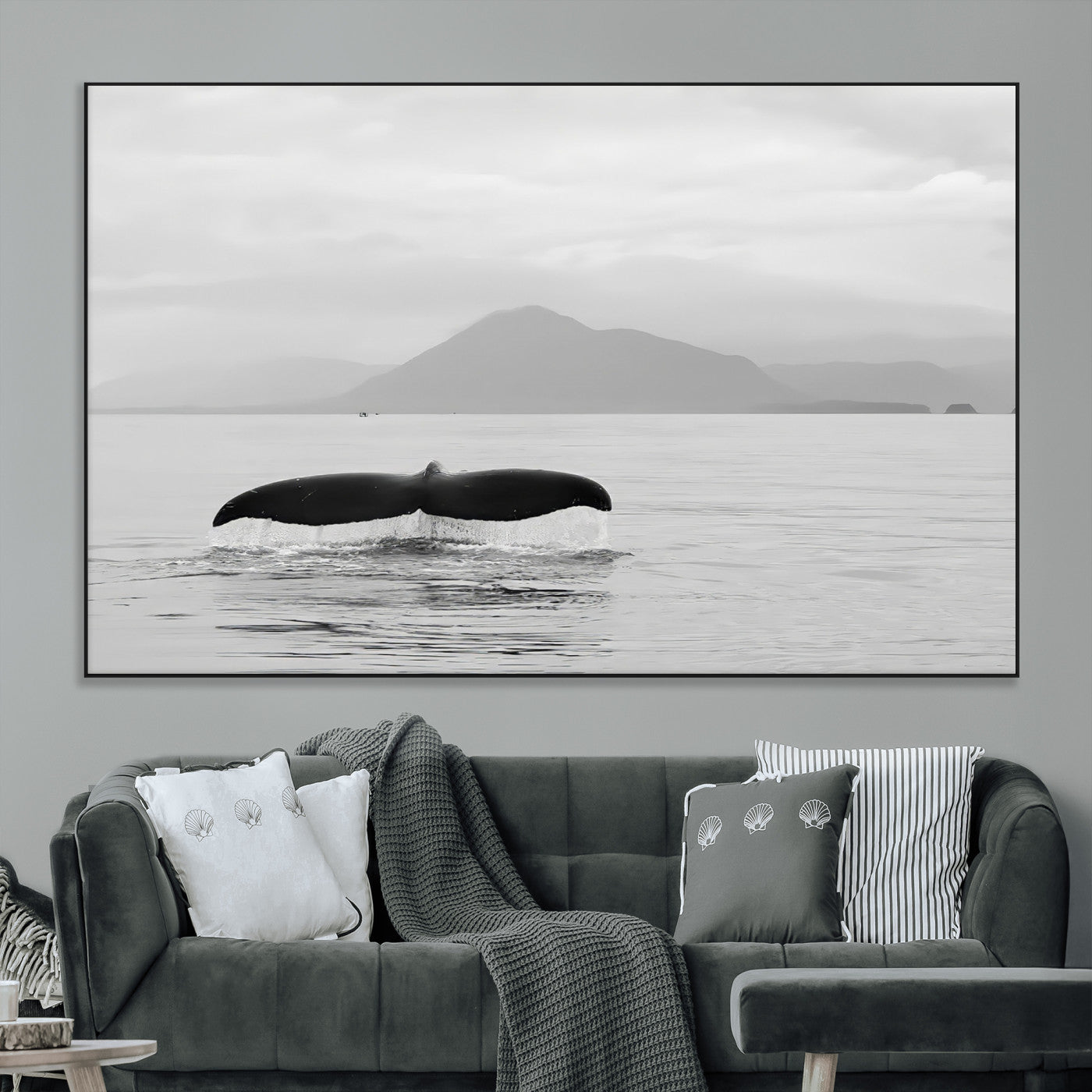 30524220-MGV-CV-36X24-Whale Tail Wall Art Canvas Print, Framed Black White Ocean Art Picture Print, Calm Marine Perfect Minimalist Coastal Decor Artwork