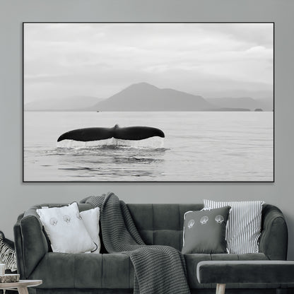 30524220-MGV-CV-36X24-Whale Tail Wall Art Canvas Print, Framed Black White Ocean Art Picture Print, Calm Marine Perfect Minimalist Coastal Decor Artwork