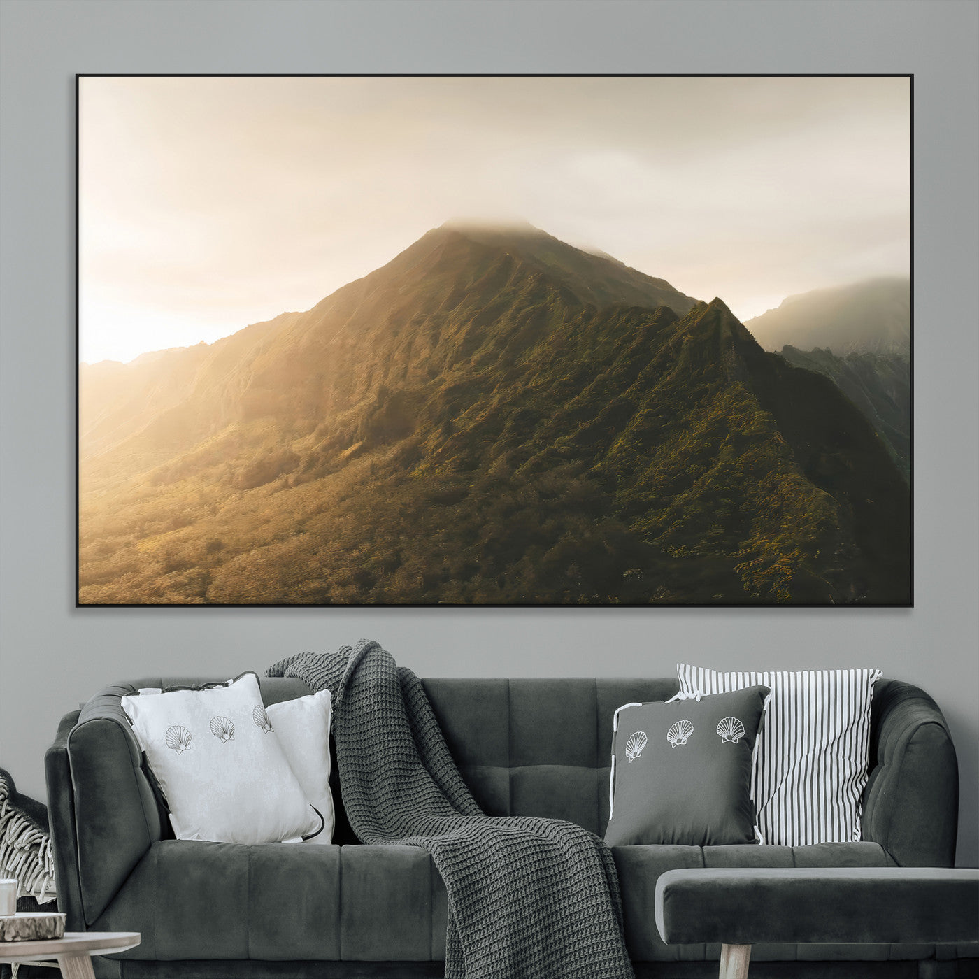 42338636-MGV-CV-36X24-Golden Mountain Wall Art Canvas Print, Framed Misty Summit Art Picture Print, Rugged Landscape Perfect Moody Wilderness Decor