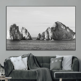 18810731-MGV-CV-36X24-Rugged Coastline Wall Art Canvas Print, Framed Ocean Cliffs Art Picture Print, Monochrome Seascape Perfect Coastal Minimalist