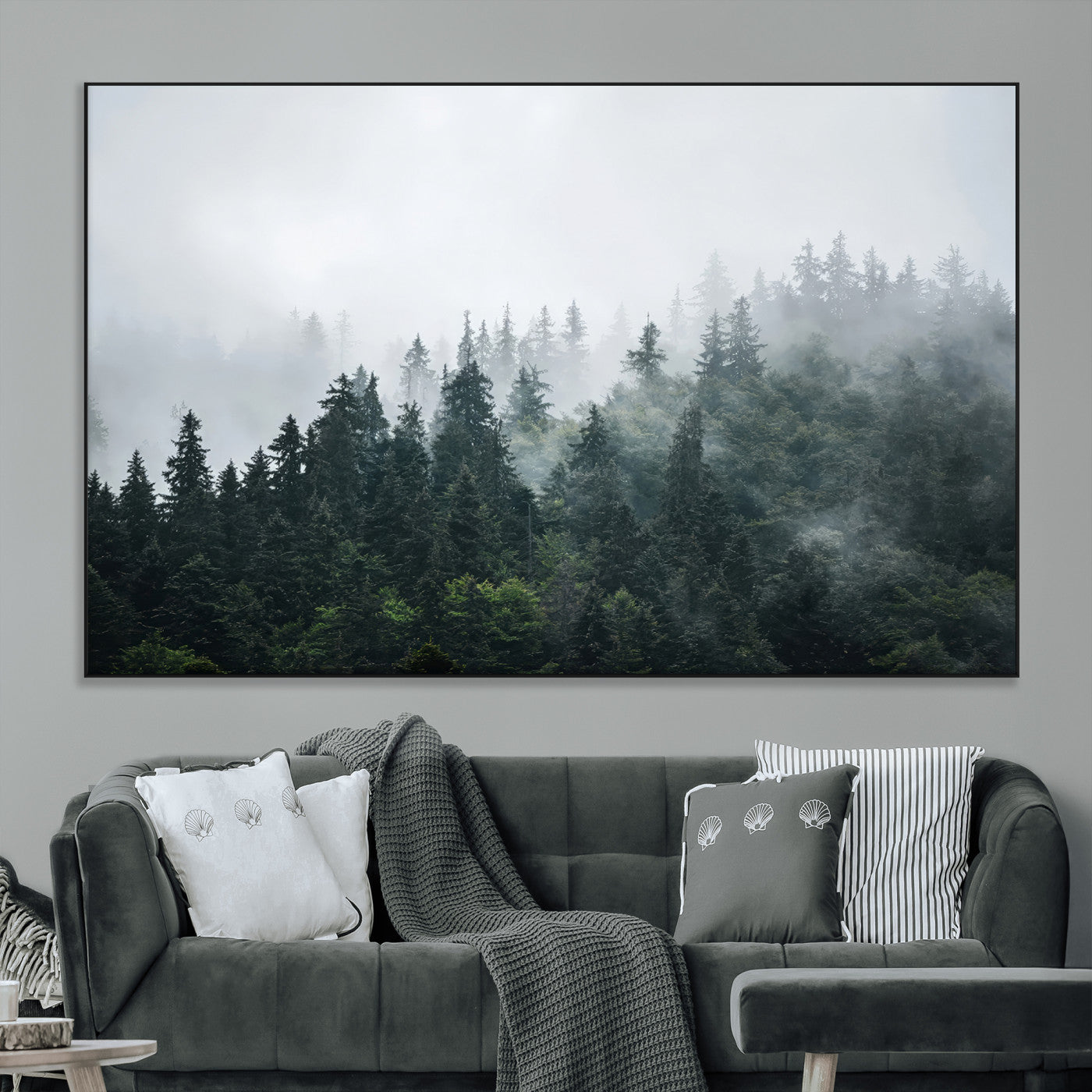 84146572-MGV-CV-36X24-Foggy Pine Trees Wall Art Canvas Print, Framed Forest Nature Art Picture Print, Evergreen Forest Perfect Scandinavian Minimalist